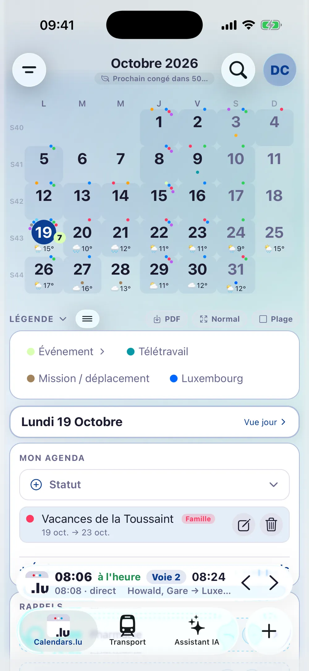 Calendars.lu - vue du mois de juillet 2026 avec les pastilles de vacances scolaires, la météo dans les cases et l'agenda du jour