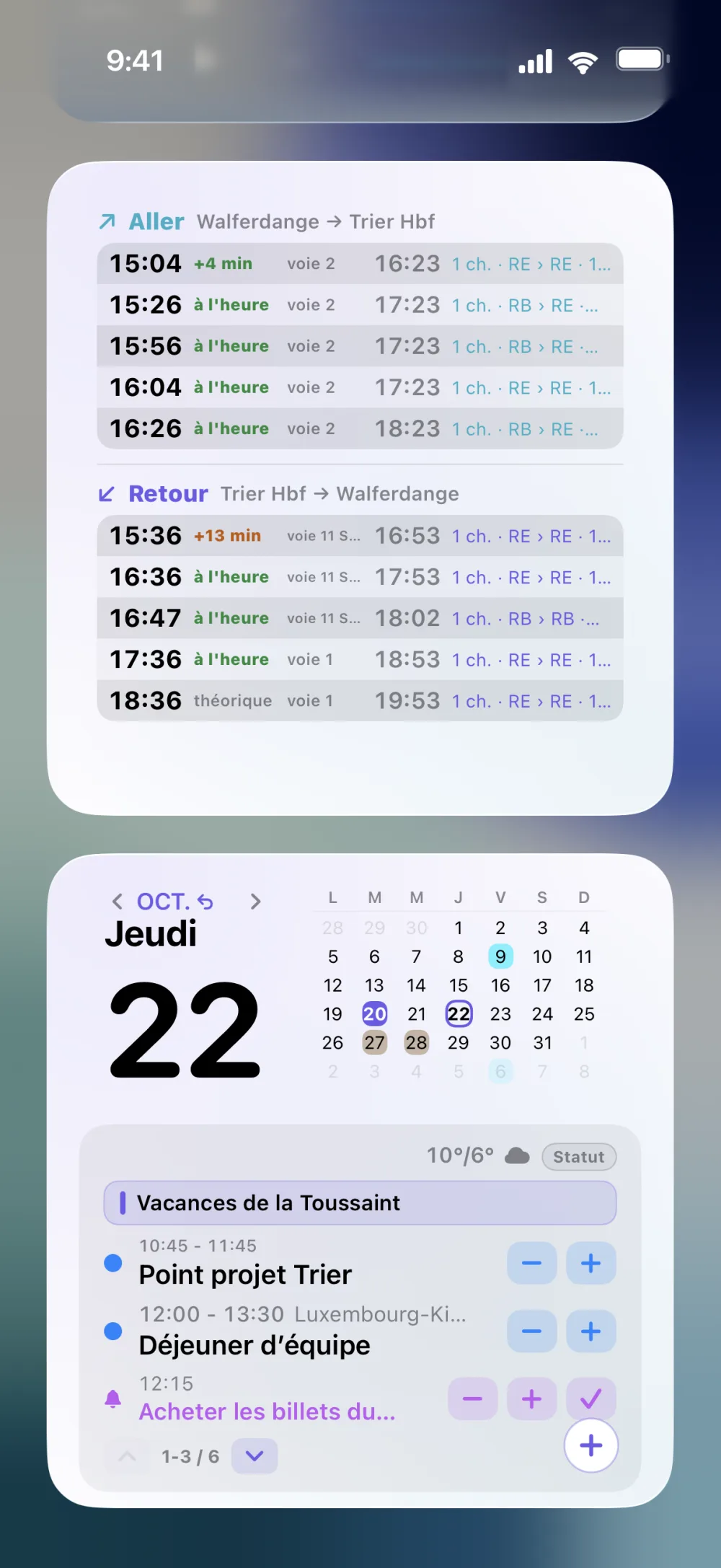 Écran d'accueil avec les widgets Calendars.lu : agenda du jour heure par heure et prochains trains aller-retour