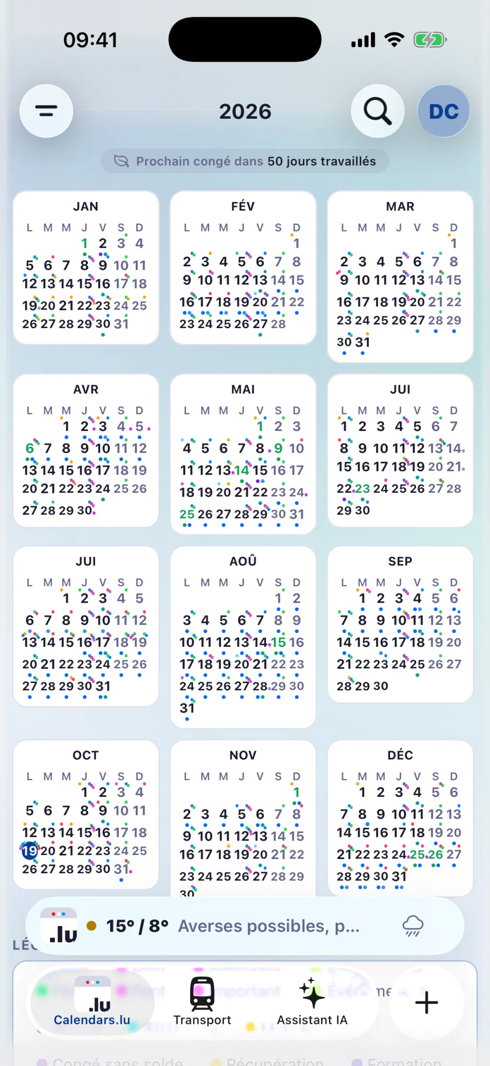 Vue annuelle 2026 : les 12 mois avec la légende fériés, ponts, congés et télétravail