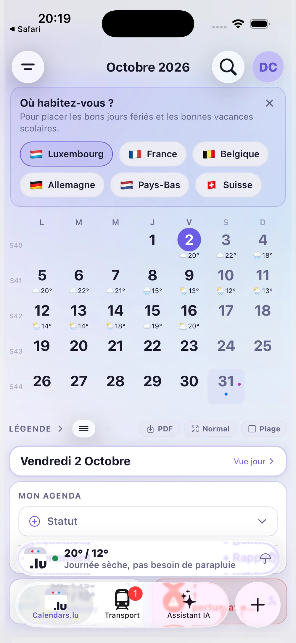 Premier lancement de l'app : la question Où habitez-vous avec les six pays Luxembourg, France, Belgique, Allemagne, Pays-Bas et Suisse